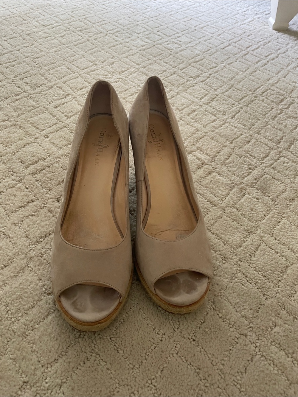 Cole Haan Taupe Suede Peep-Toe Wedge Pumps